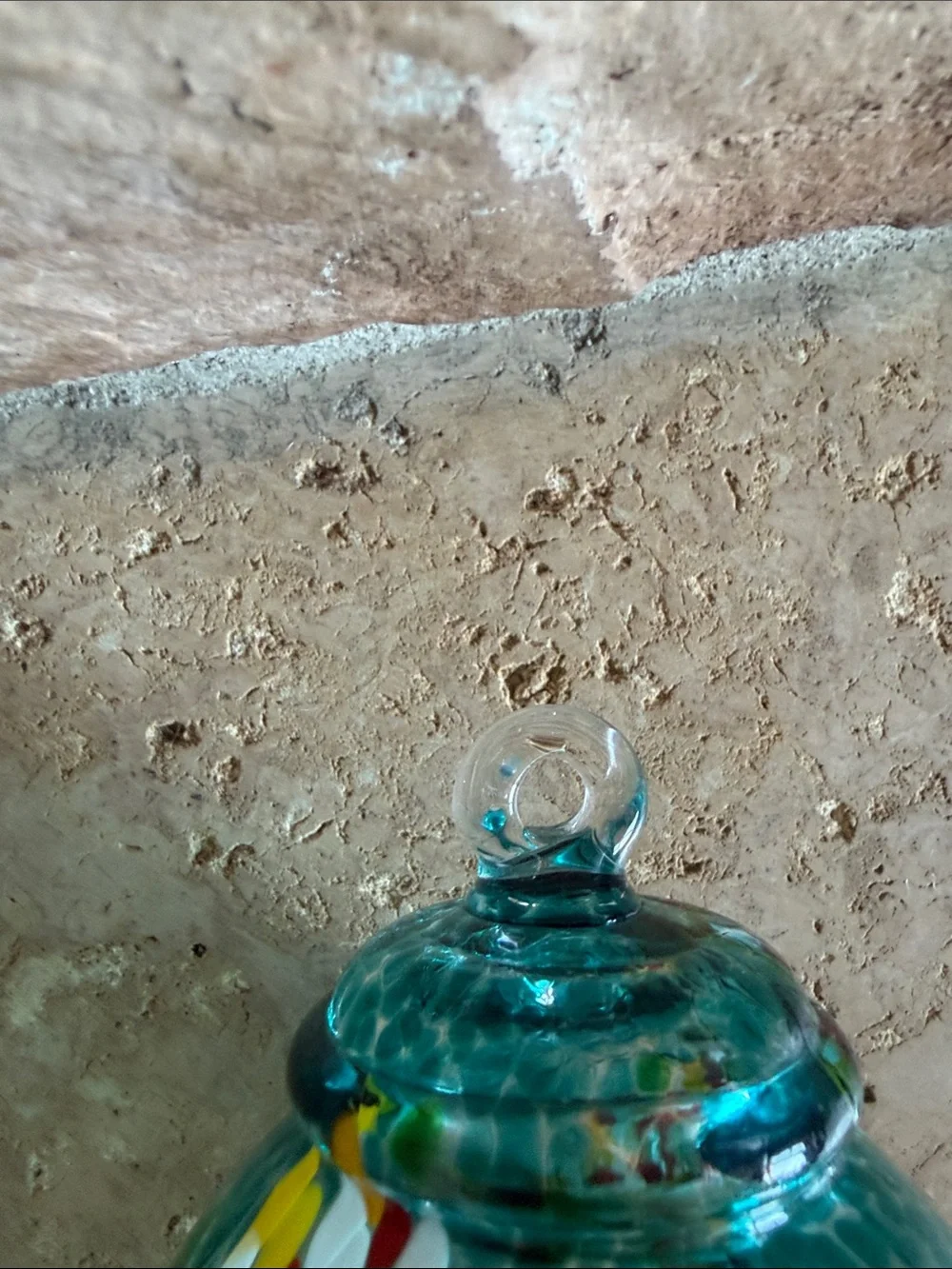 Hand-Blown Teal Glass Hummingbird Feeder with Multicolor Swirl